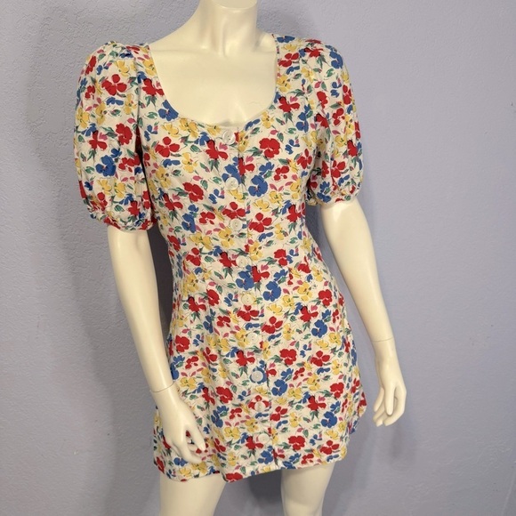 Rixo x Target Floral Mini Dress Linen Scoop Neck Blend Puff Sleeve Button Up - Picture 1 of 7